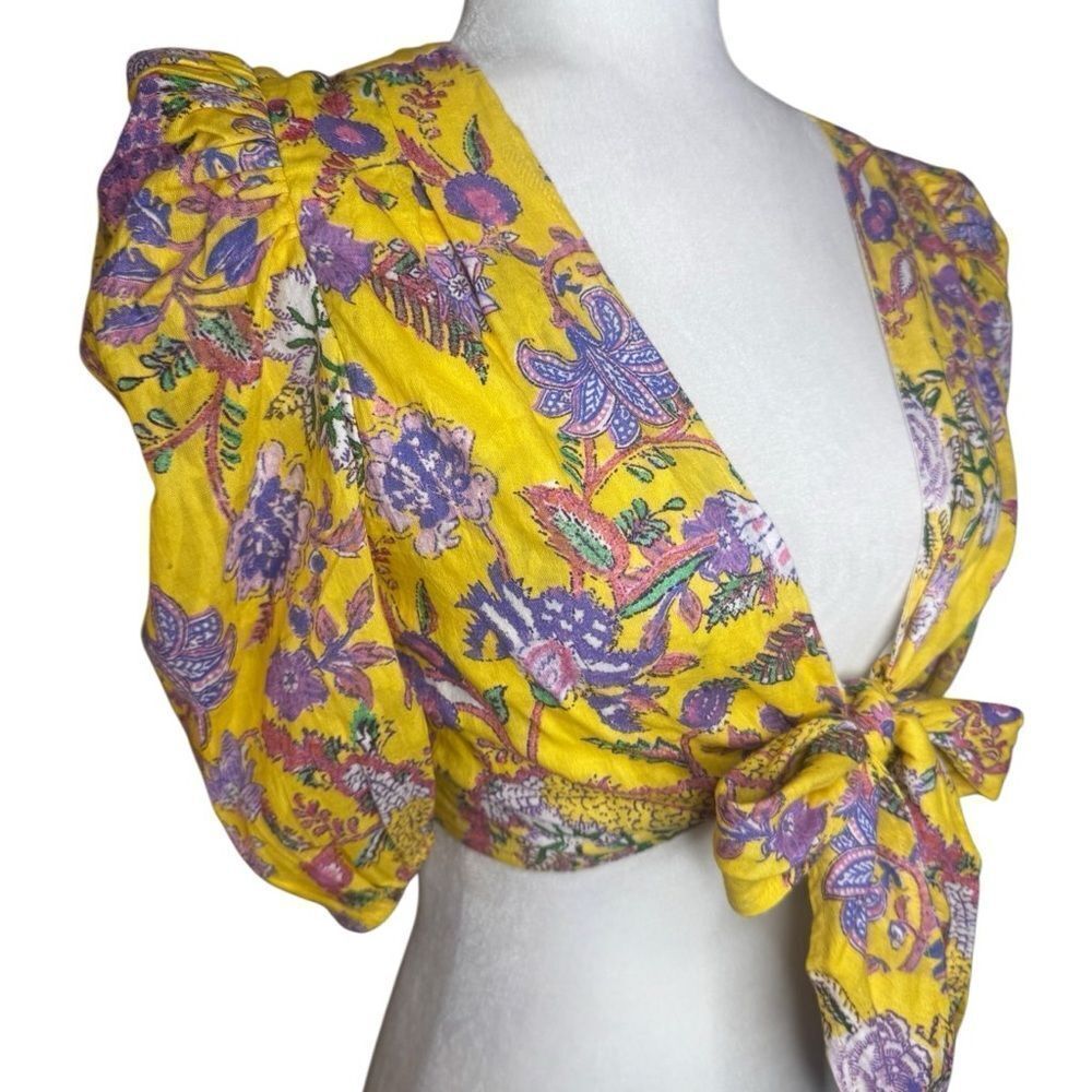 NWT HEMANT and NANDITA Dhea Crop Top Tie-Front Canary Yellow Boho Floral Medium - Picture 4 of 12